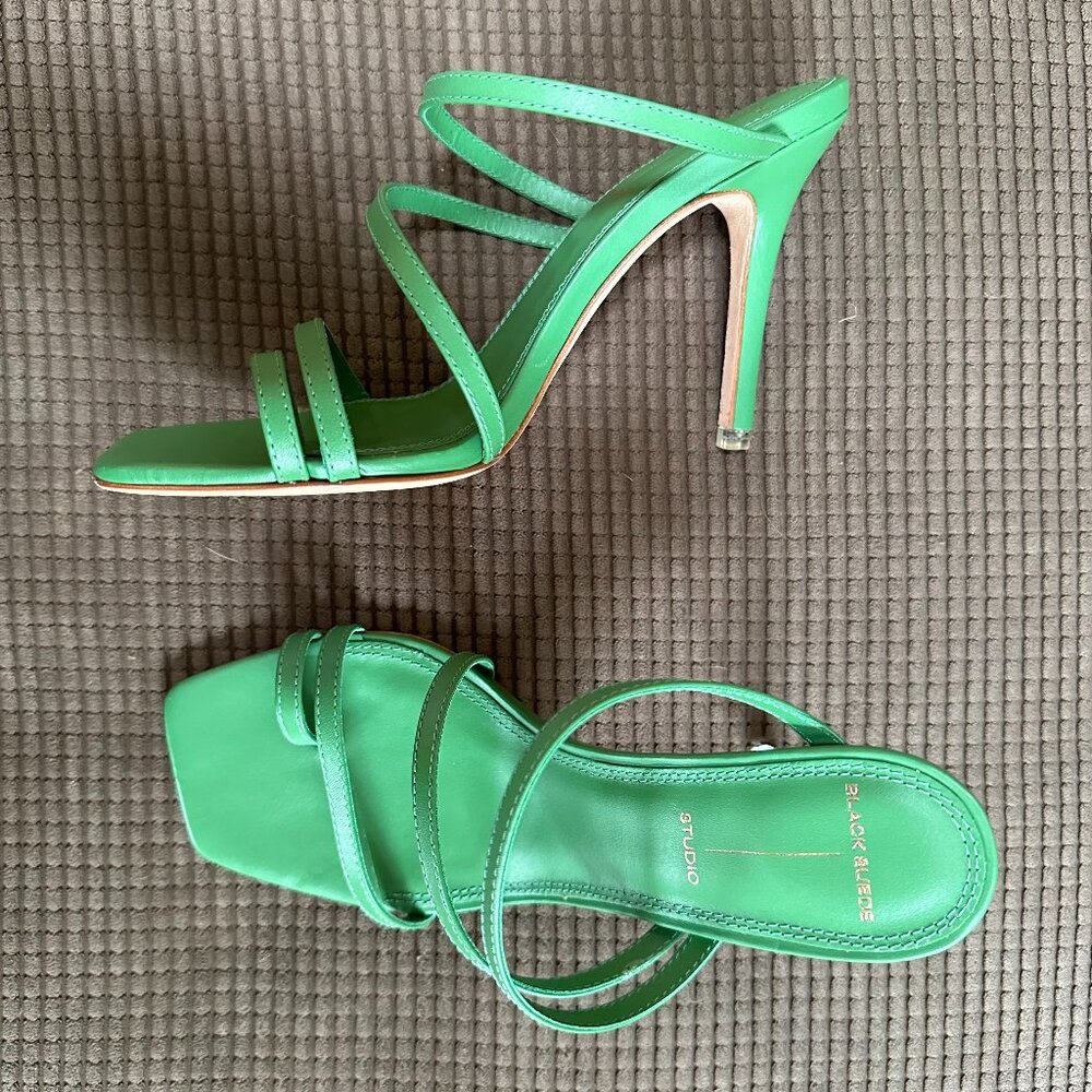 NWT Black Suede Studio Cindy High Heel Leather Sandals Green Napa Size 36.5
